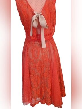 RYU Sheer Lace Orange Polkadot Dress Lined Cream Sash Belt Size S NWOT